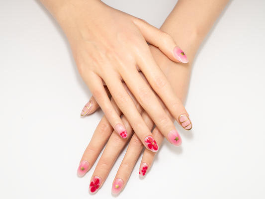 Pink Flower Press-On Nails | Gold Star & Stripe Art | Short Oval