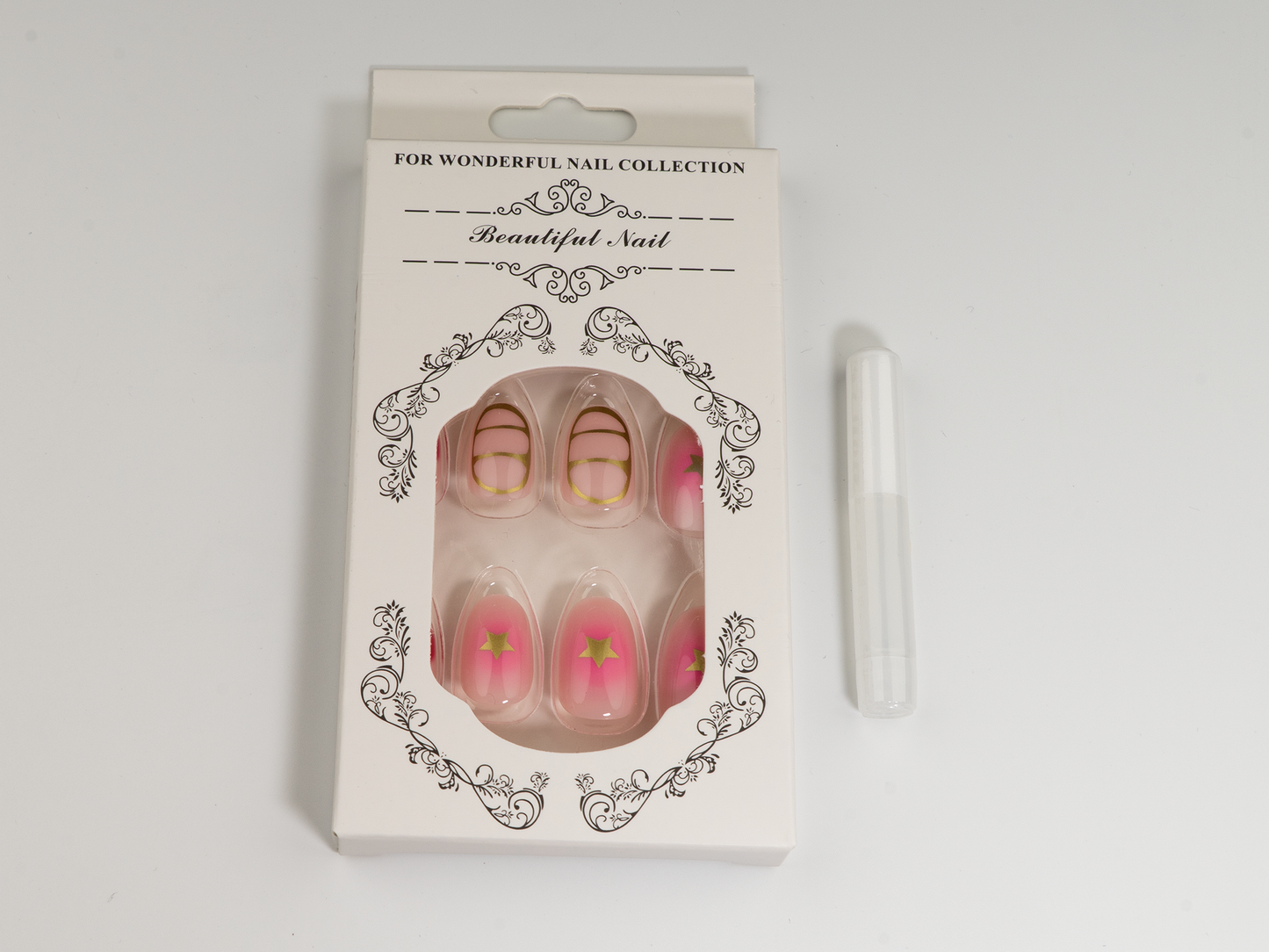Pink Flower Press-On Nails | Gold Star & Stripe Art | Short Oval