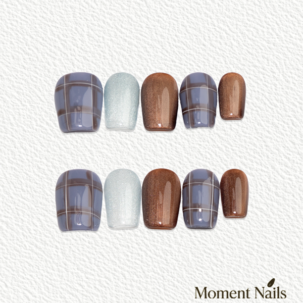 Blue Plaid Press-On Nails | Handmade Cat Eye Glitter Mix Coffin