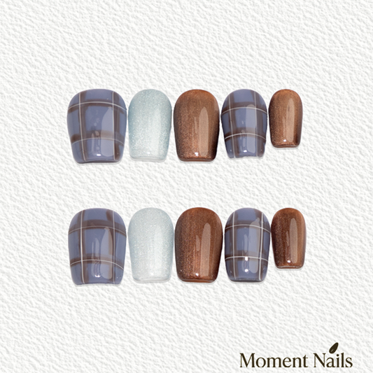 Blue Plaid Press-On Nails | Handmade Cat Eye Glitter Mix Coffin