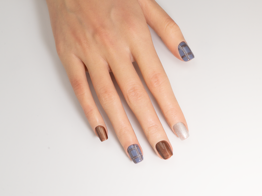 Blue Plaid Press-On Nails | Handmade Cat Eye Glitter Mix Coffin