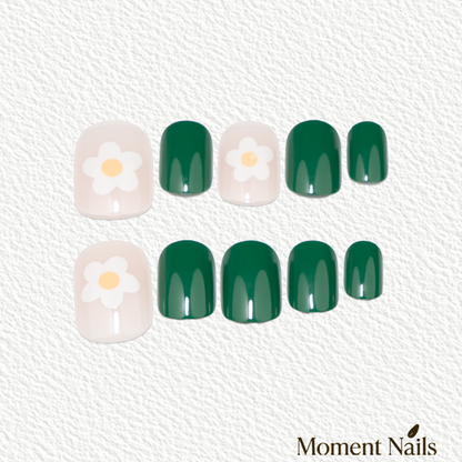 Emerald Mood Press-On Nails | Hand-painted Daisy Mix & Match Oval
