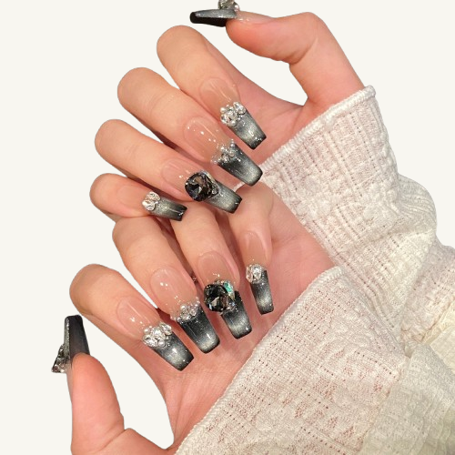 Black Swan Tear Press-On Nails | Handmade Ombre Cat Eye Pearl Gem