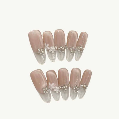 Dewdrop Fleur Press-On Nails | Handmade Cat Eye French Flower Oval