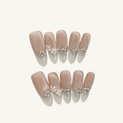 Dewdrop Fleur Press-On Nails | Handmade Cat Eye French Flower Oval