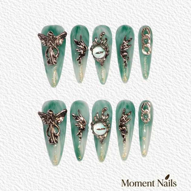 Jade Marble Press-On Nails | Handmade Angel Charms Stiletto
