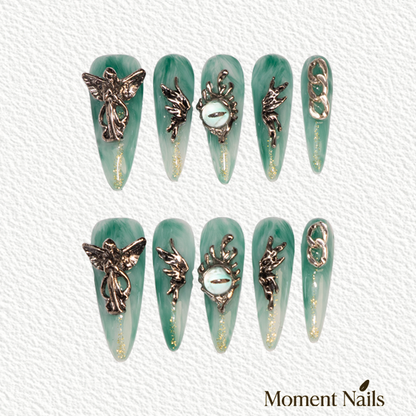 Jade Marble Press-On Nails | Handmade Angel Charms Stiletto