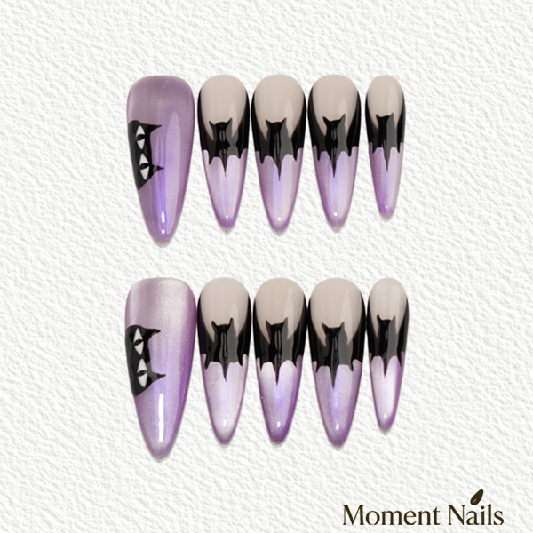 Midnight Phantom Press-On Nails | Handmade Purple Cat Eye Bat Stiletto