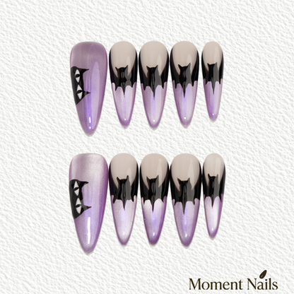 Midnight Phantom Press-On Nails | Handmade Purple Cat Eye Bat Stiletto