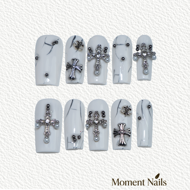White Goth Press-On Nails | Metallic Cross Square Fake Nails