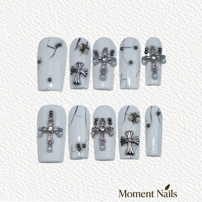 White Goth Press-On Nails | Metallic Cross Square Fake Nails