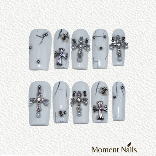 White Goth Press-On Nails | Metallic Cross Square Fake Nails