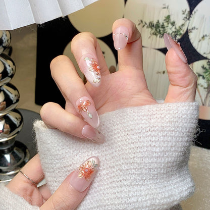 Nude Pink Orange-Flower Oval Luxury Press-On Nails