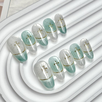 Light Green Gold Accent Oval Press-On Nails