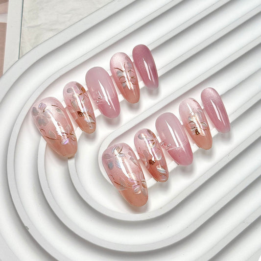 Pink Sheer Gold Accent Oval Press-On Nails