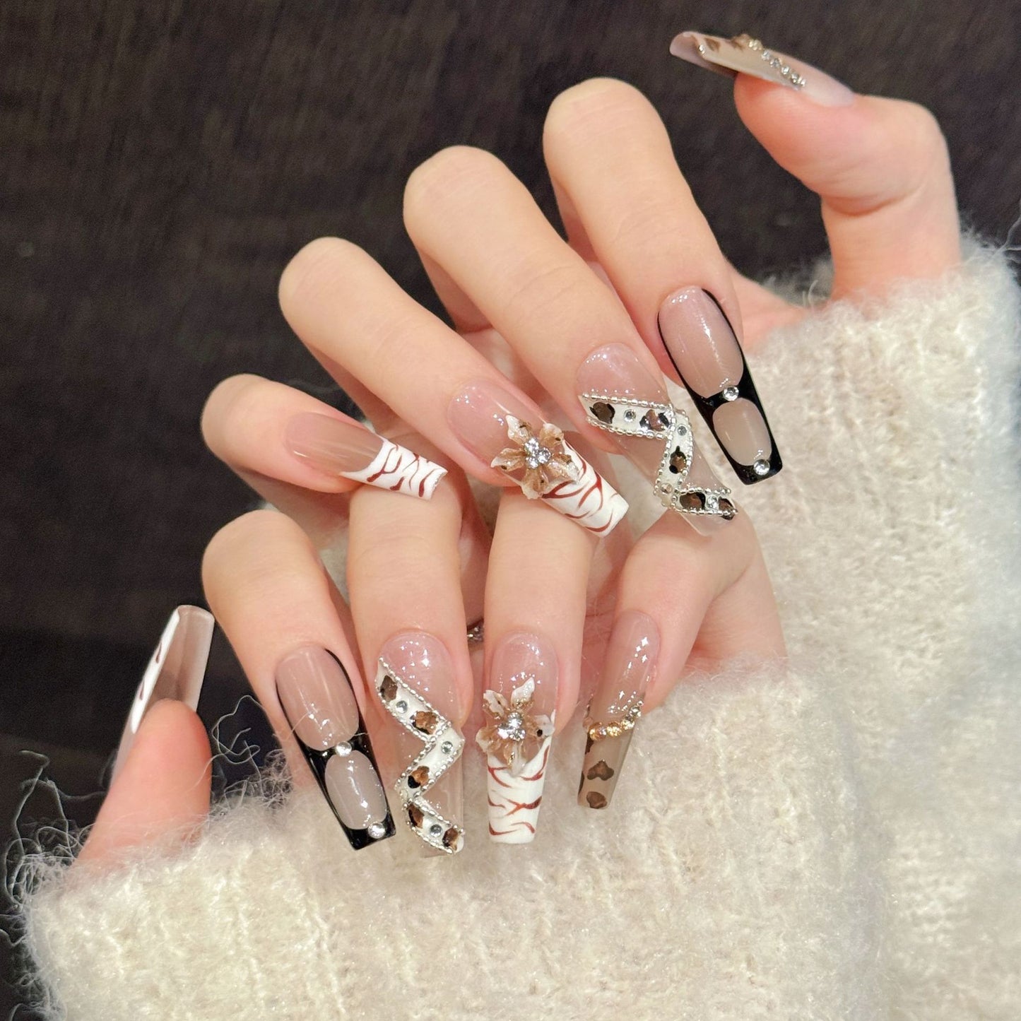 Nude Brown Glitz Long Coffin Press-On Nails