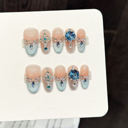 Pastel Blue Gem  Oval Press-On Nails