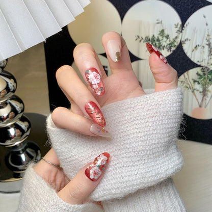 Cherry Blossom Red Square-Round Press-On Nails