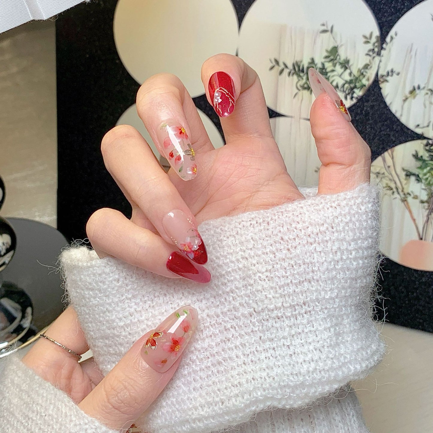 Chinese Style Sakura Red Oval Press-On Nails