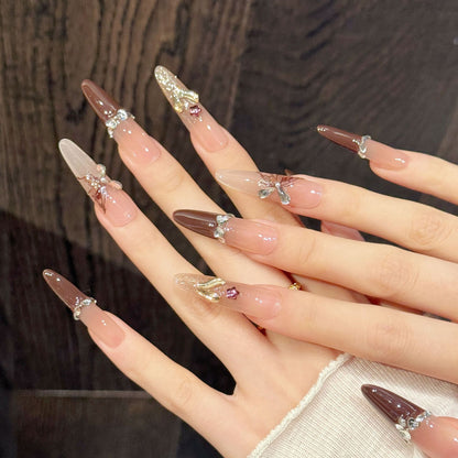 Nude Brown Butterfly Long Stiletto Press-On Nails