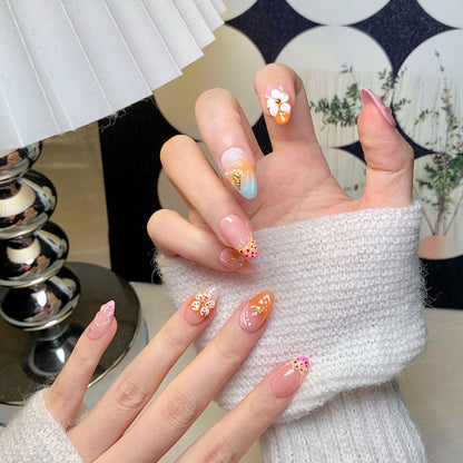 Orange-Pink Floral Short Almond Press-On Nails