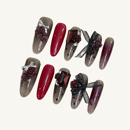 Wine Red Gem Press-On Nails | Long Almond Handmade Fake Nails