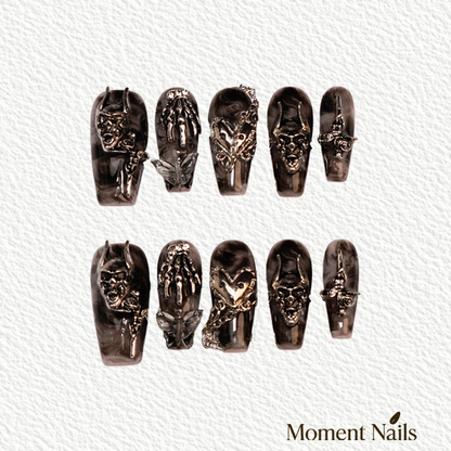 Punk Skull Press On Nails | Grey Smoke Handmade Long Coffin