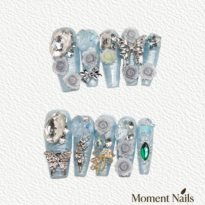 Rose Butterfly Press-On Nails | Baroque Relief Handmade Long Nails