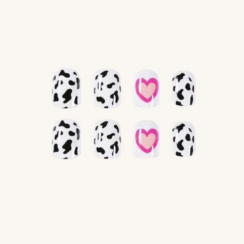 Cow Print & Heart Press-On Nails | Pink Jelly Oval