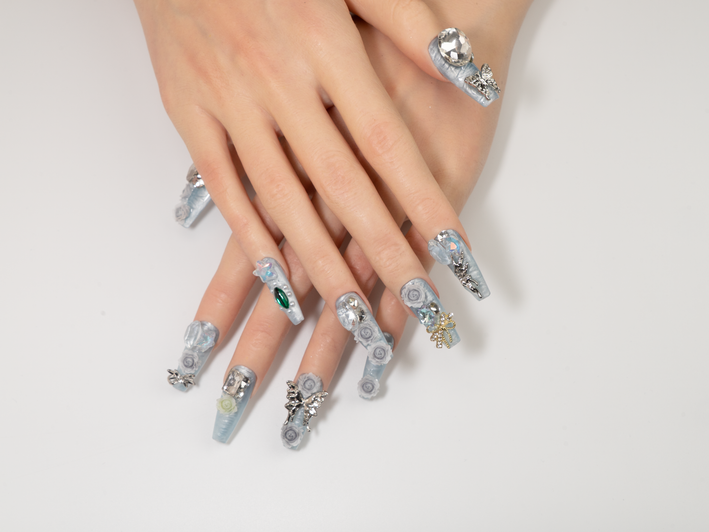 Rose Butterfly Press-On Nails | Baroque Relief Handmade Long Nails