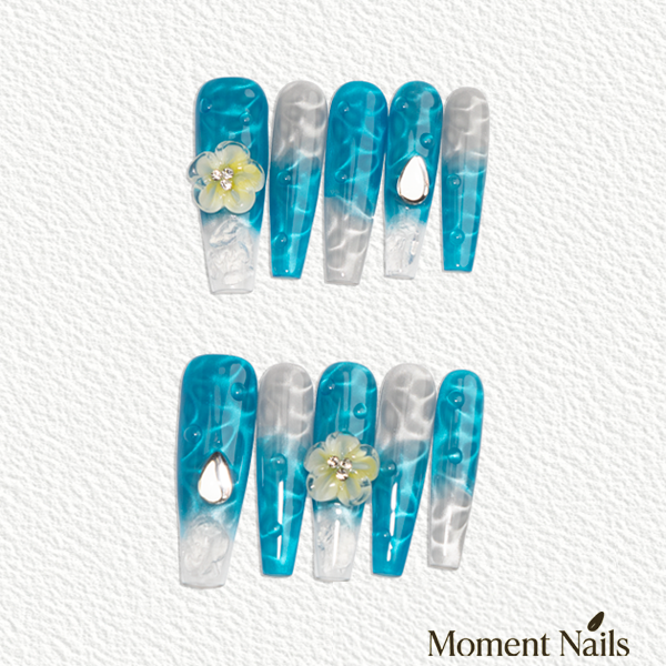 Hawaii Holiday Press-On Nails | Handmade Water Ripple Plumeria Coffin