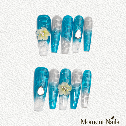 Hawaii Holiday Press-On Nails | Handmade Water Ripple Plumeria Coffin