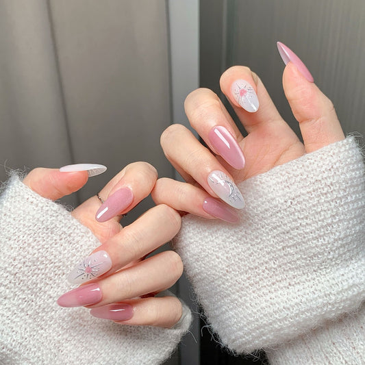 Pink Glitter Moon-Star Oval Press-On Nails