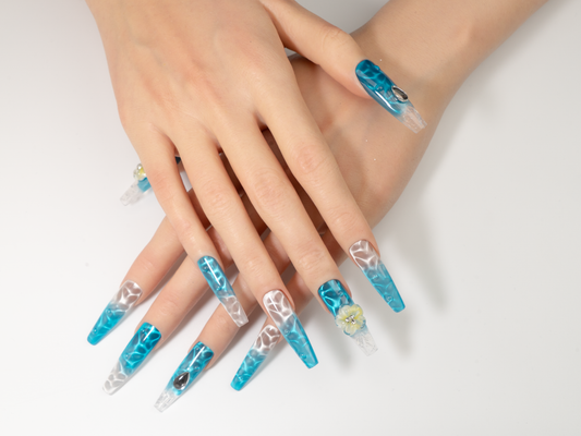 Hawaii Holiday Press-On Nails | Handmade Water Ripple Plumeria Coffin