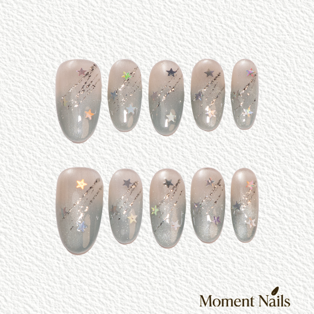 Starry Dream Press-On Nails | Handmade Star Cat Eye Oval Fake Nails