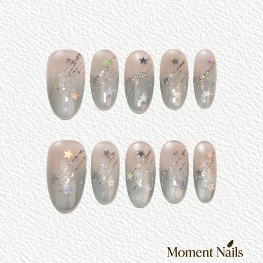 Starry Dream Press-On Nails | Handmade Star Cat Eye Oval Fake Nails