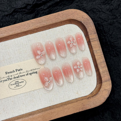 Pink-White Cherry Blossom Gradient Press-On Nails