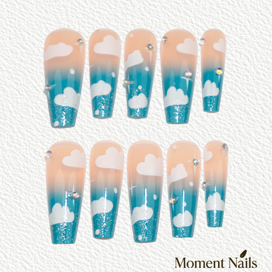 Cloudy Dreamland Press-On Nails | Blue Sky Cloud Ombre Ballerina