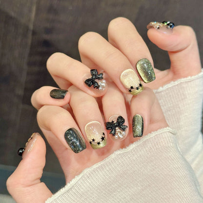 Black Gold Bow Trapezoid Press-On Nails