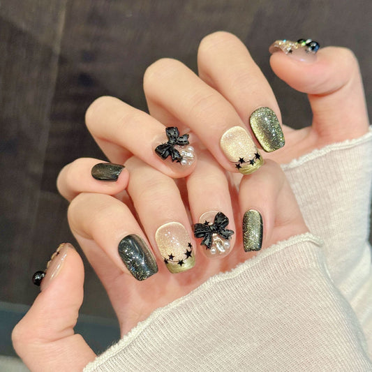 Black Gold Bow Trapezoid Press-On Nails