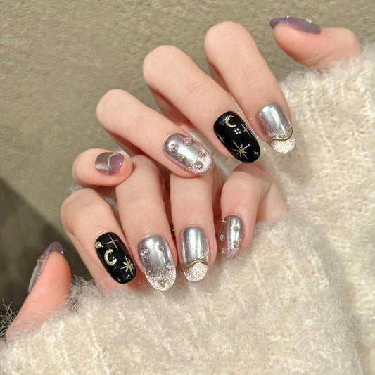 Silver Black Moon Star Oval Press-On Nails