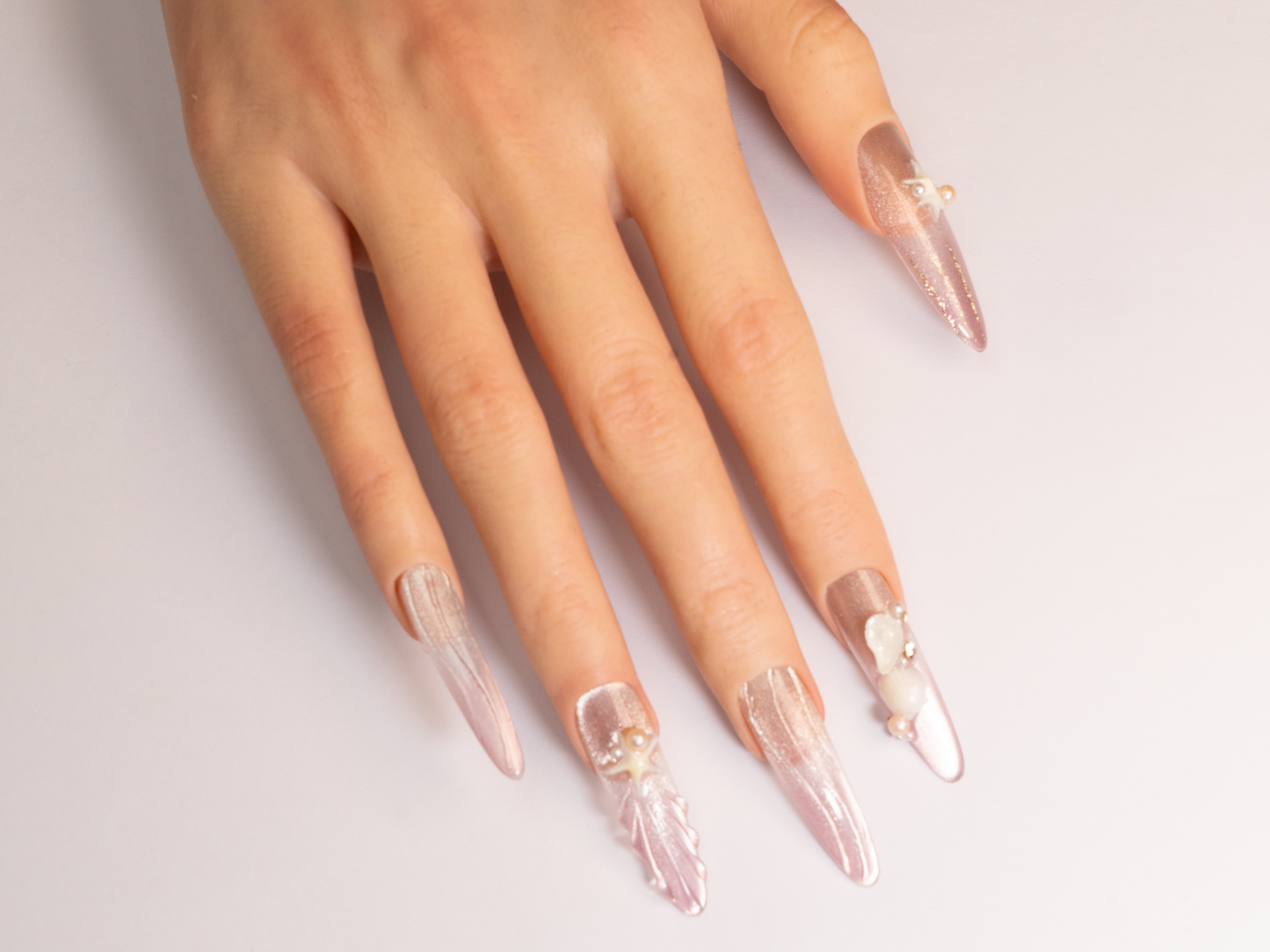 Pearl Shell Press On Nails | Silver Cat Eye Handmade Stiletto