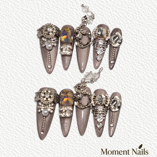 Chandelier Dreams Press-On Nails | Handmade Crystal Cat Eye Stiletto