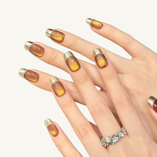 Autumn Sunlight Press-On Nails | Handmade Amber Cat Eye Square