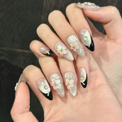 Pink Floral Black Almond Press-On Nails