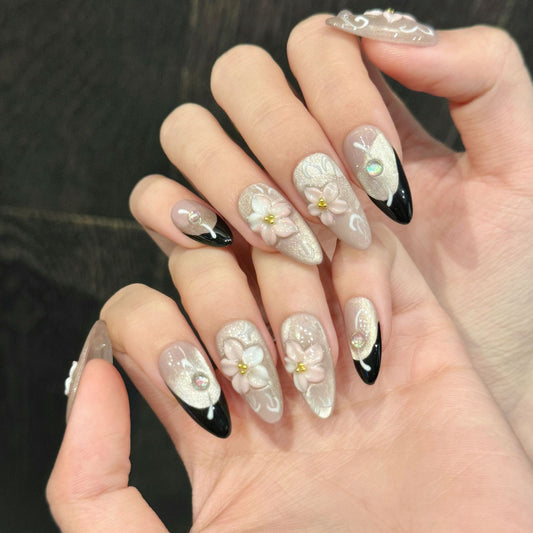 Pink Floral Black Almond Press-On Nails
