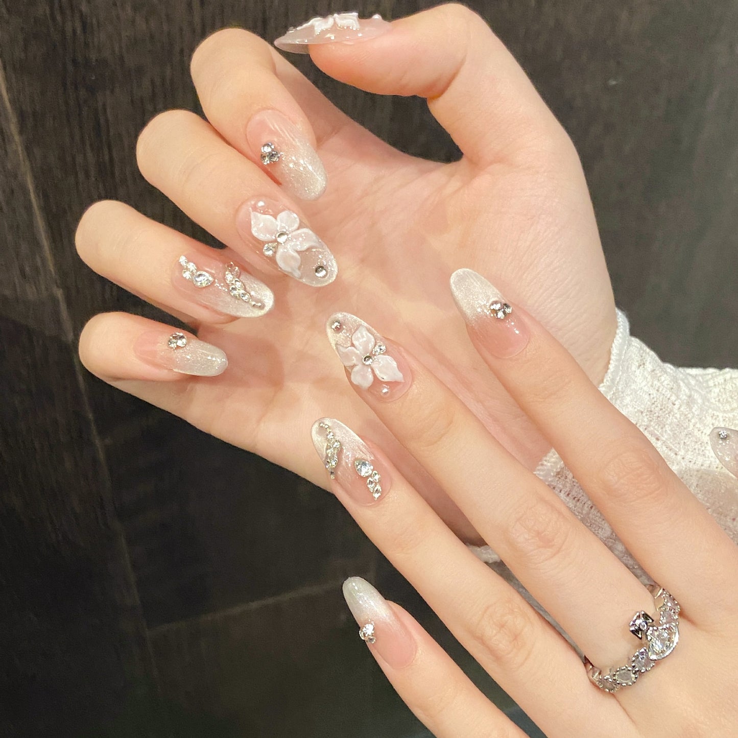 Pink Floral Diamond Medium Oval Press-On Nails