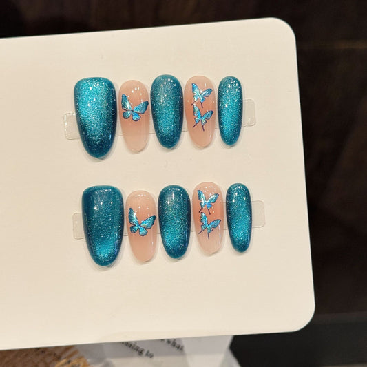 Turquoise Butterfly Oval Press-On Nails