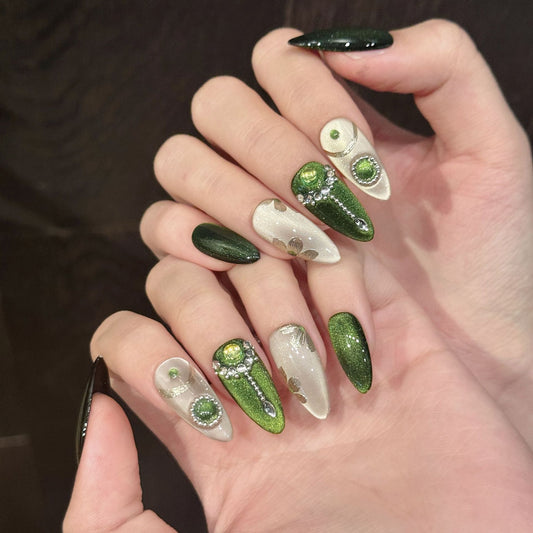Elegant Green - Embellished Handmade Press-On Nails（Garden Teas）