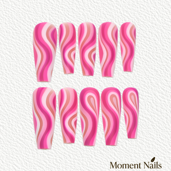 Pink Groove Press-On Nails | Modern Abstract Waves Long Ballerina